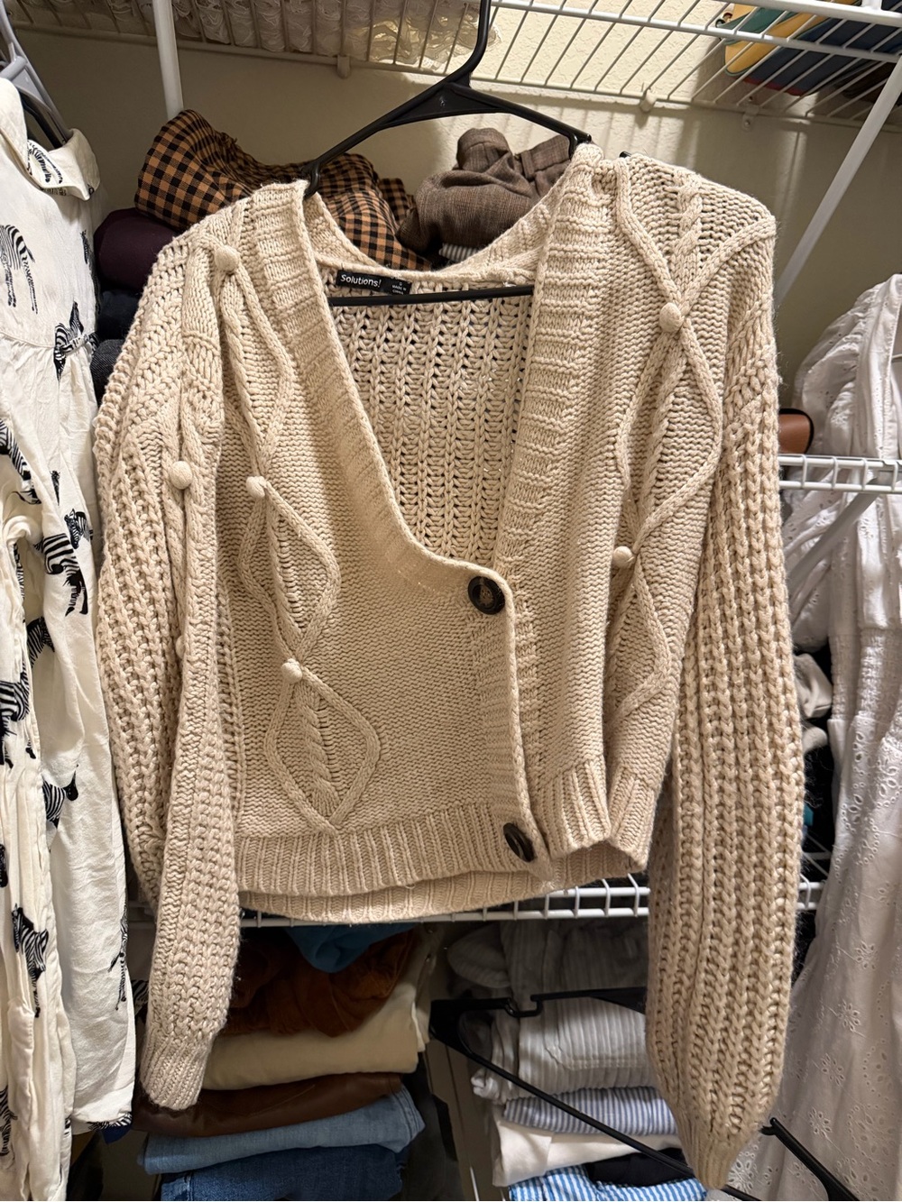 Cable-Knit Bobble Cardigan Sweater - Cream